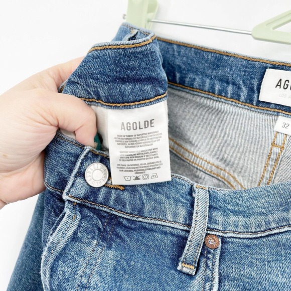 Agolde Riley Straight Crop Jeans Sz 32 Blue High Rise Button Fly Distressed - Picture 11 of 12